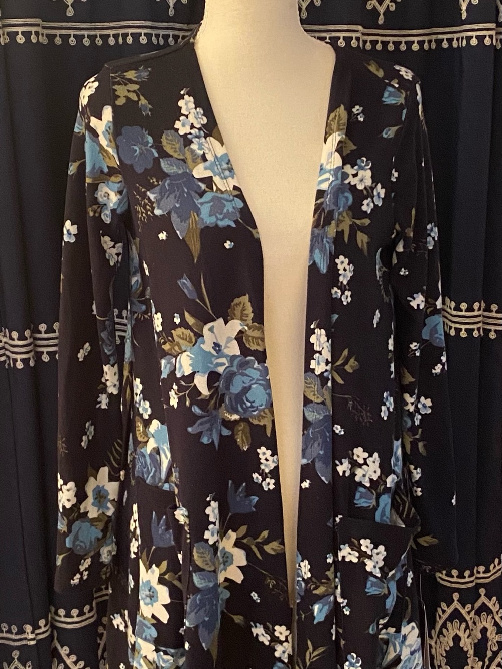 LuLaRoe Navy Cardigan with Blue & White Floral Print